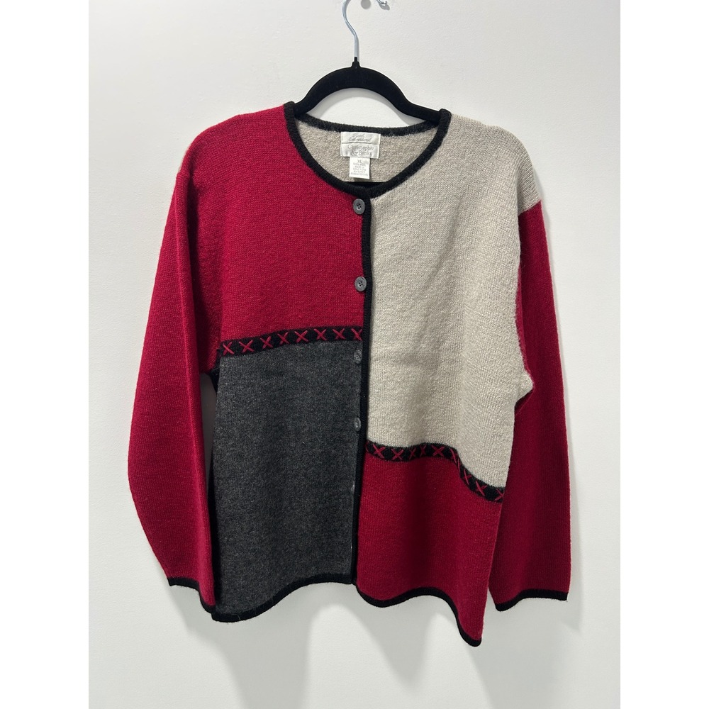 Christopher & Banks Vintage 100% Woolโ Colorblock Cardigan XL Hand Embroidered